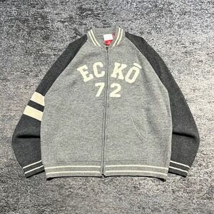 Ecko UNLTD Full Zip Sweater Mens Large Gray Wool Y2K Spell Out Hip-Hop Grunge